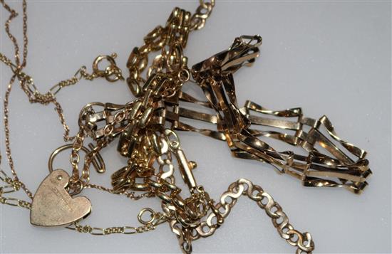 Four assorted 9ct gold bracelets and a 9ct gold hedgehog pendant on chain.